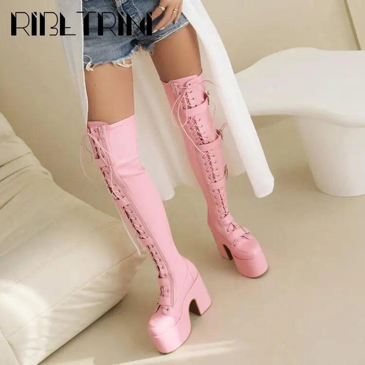 Goth Women Motorcycle Boots Block High Heels Platform Cool Street Boots
