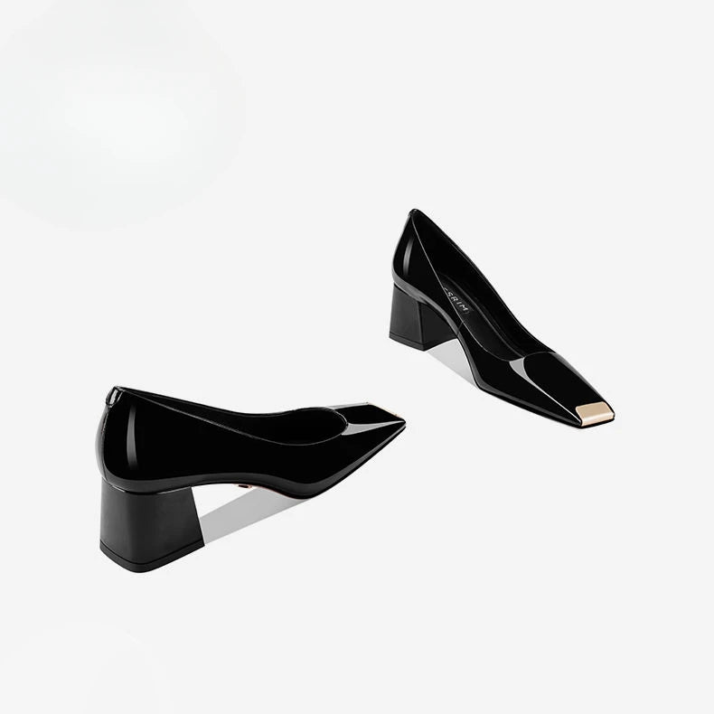 Ladies pumps chunky heels leather square head shallow mouth comfortable