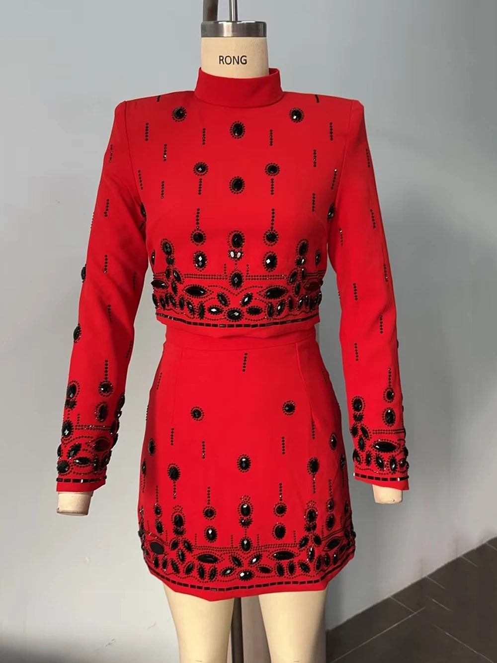 Long Sleeve Short Top and Mini Skirt Suit Outfit, Diamond Beaded Design,High Quality, 2 Pcs Set