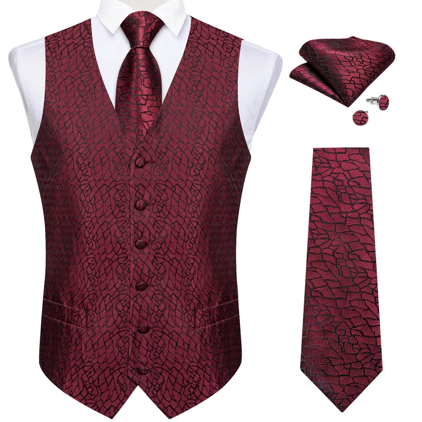 Luxury Paisley Men's Suit Vest Black Pink Red Wedding Prom Tuxedo Waistcoat Necktie Handkerchief Cufflink Sleeveless Jacket Vest