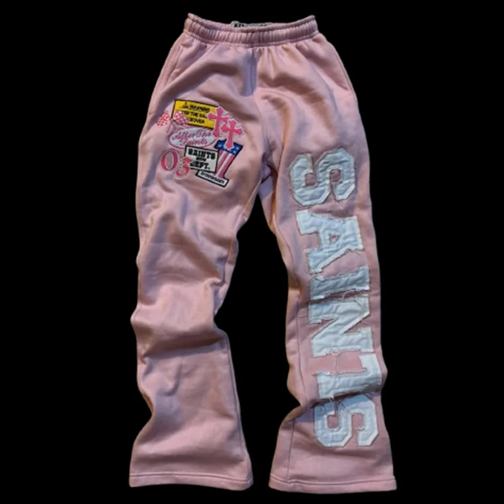 Retro Patchwork Sweatpants Y2K Pants Men Women Hip Hop Letters Cross Patchwork Embroidery Baggy Sweatpants