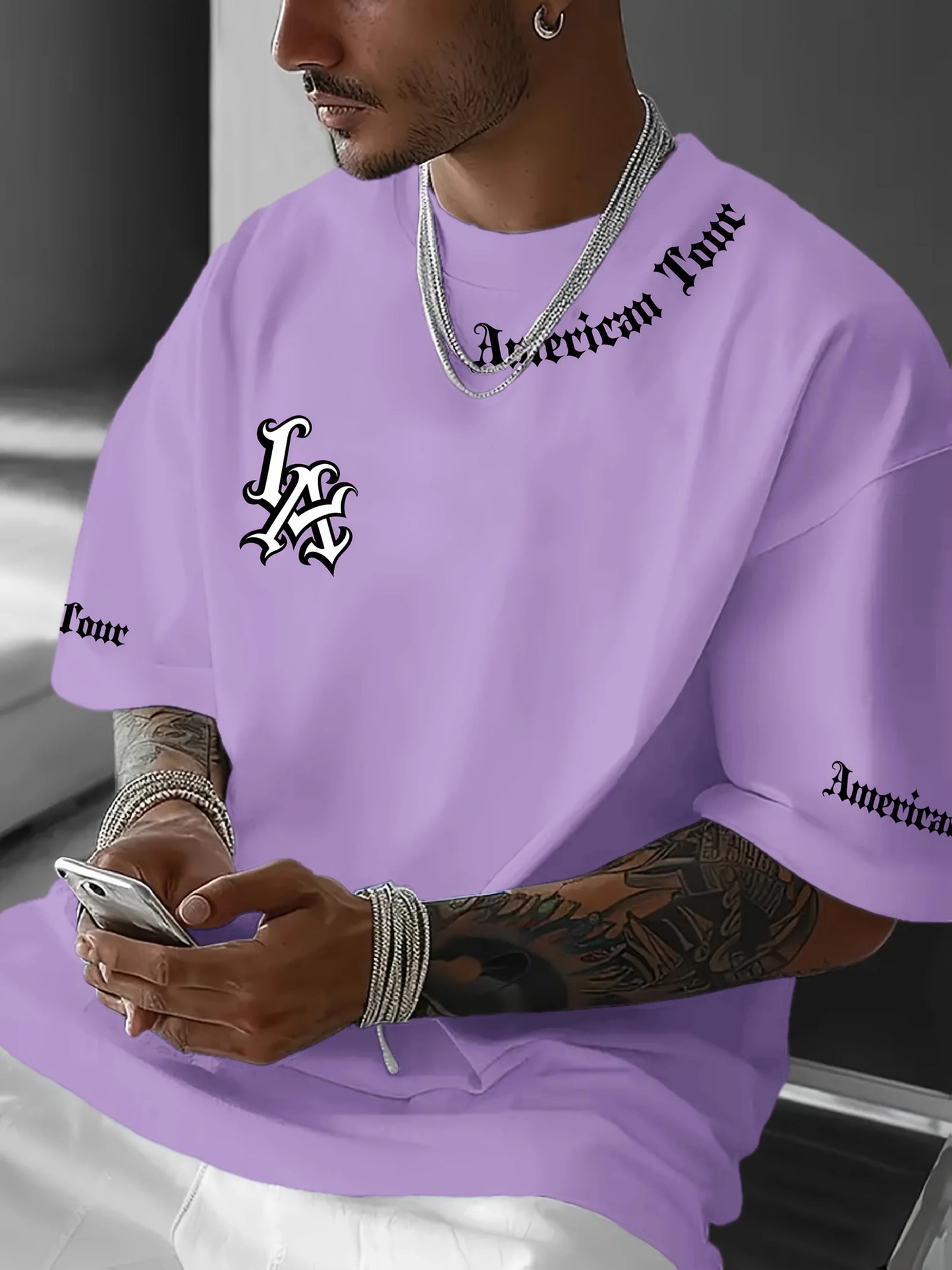 Men's simple LA logo graphic print casual t-shirt stylish round neck short sleeves