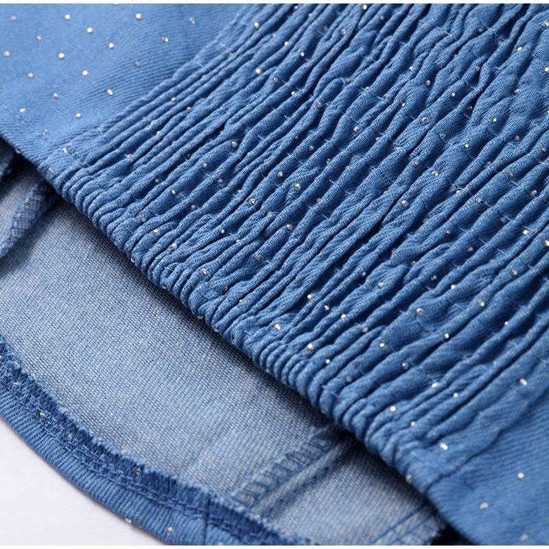 Rhinestone Denim Set Corset Shaping Crop Top Matching Slim Fit Jeans Party Clubwear Nightclub Cowgirl Style