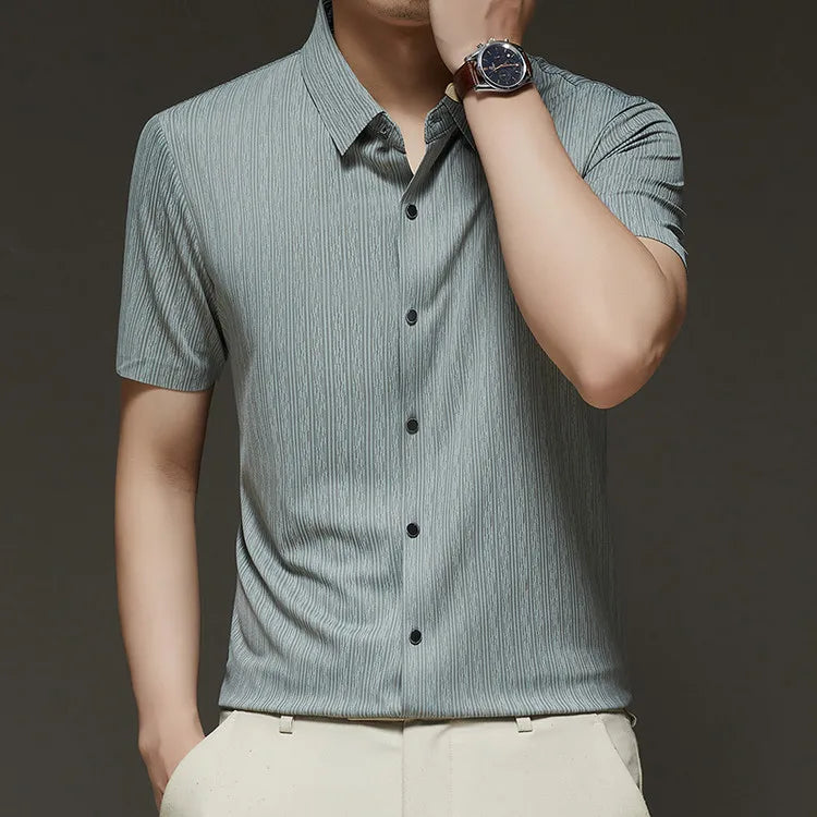 Men's Slim Fit Short Sleeve Dress Shirt Premium Spandex Stretch Fabric Solid Colors Business Casual