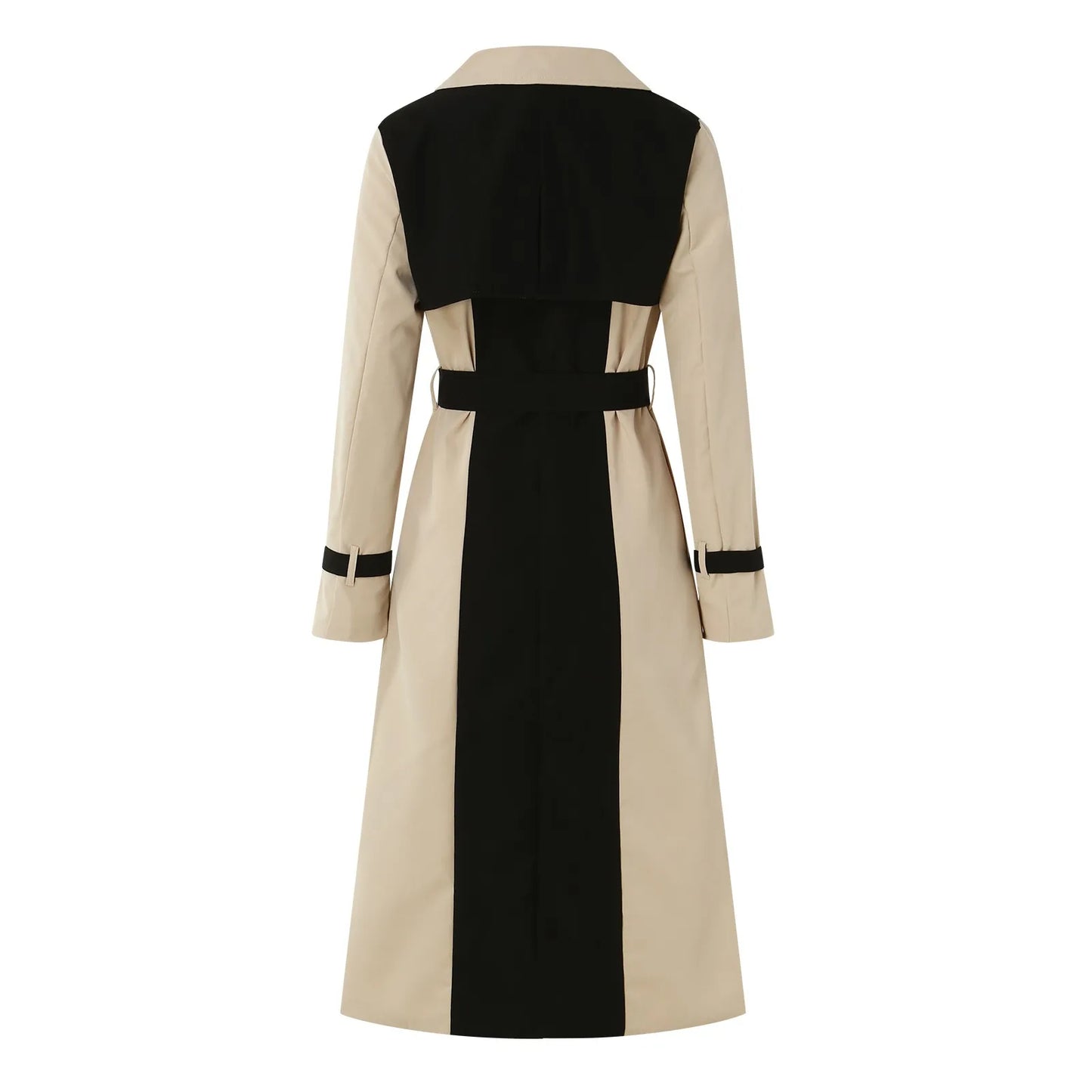 Elegant Long Jacket Women Retro Formal Black Khaki Contrast Notched Collar Windbreaker Coat