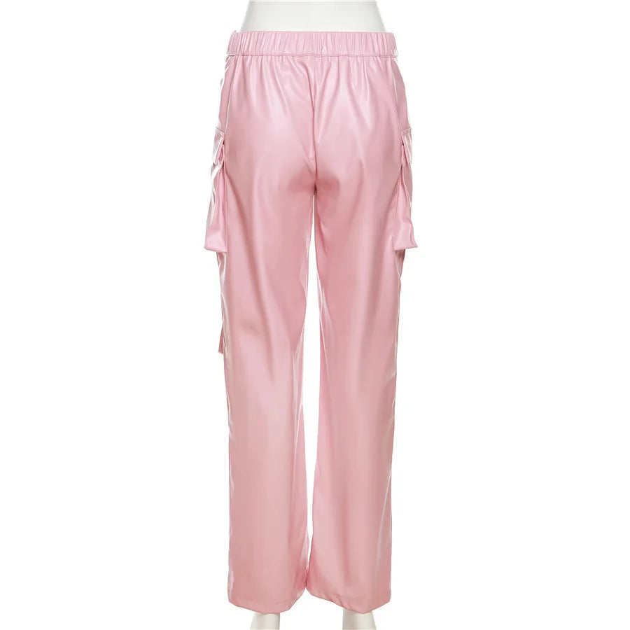 Pink Cargo Pants Straight Leg Solid Multi-Pocket Design High Waist Pu Leather Loose