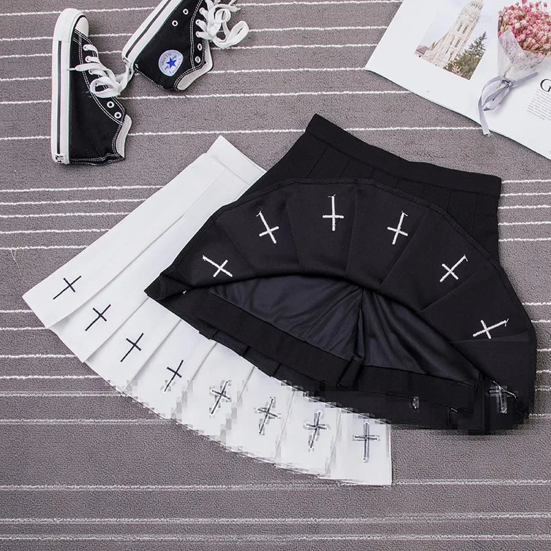 High Waist Pleated Skirt Elastic Waist Cross Embroidery black Pleated