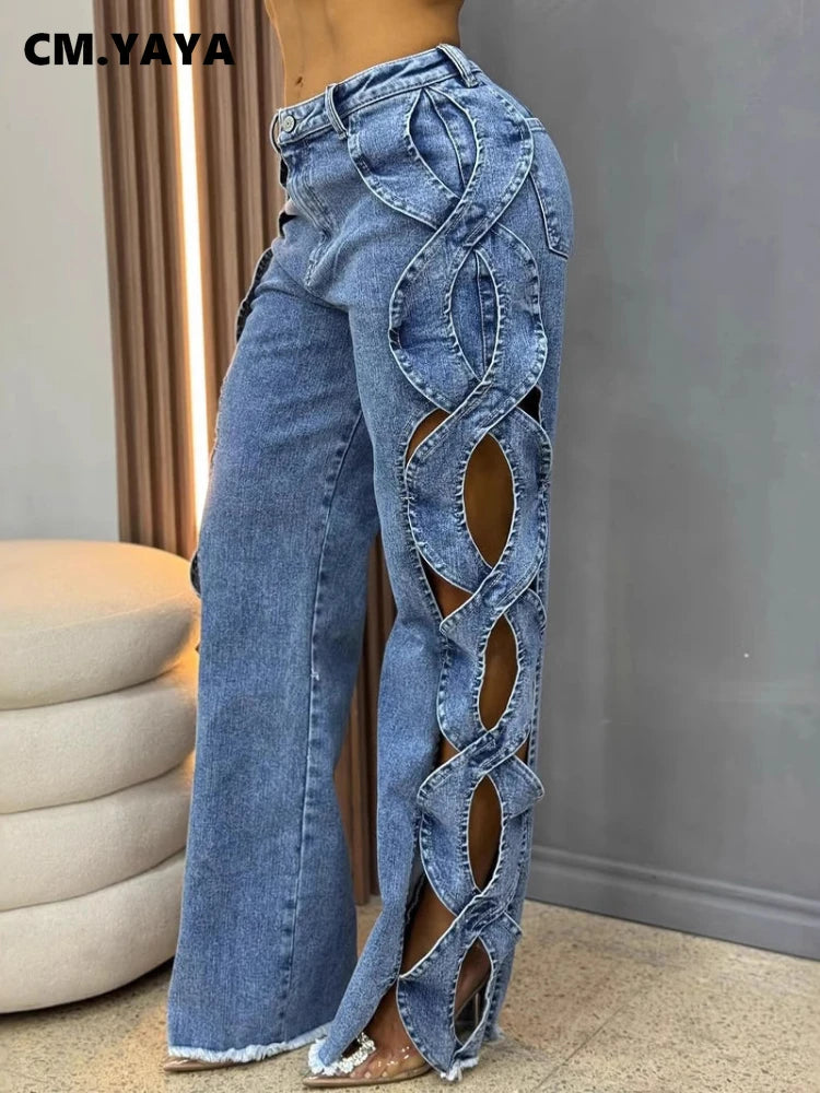Women Streetwear Cutout Hollow Out Criss Cross Side Wide Leg Blue Denim Pants
