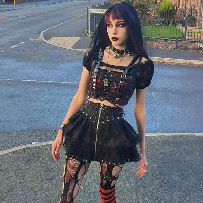Women's Punk Vintage High Wasit Skirt Zipper Front Black Gothic Cosplay Mini Skirts