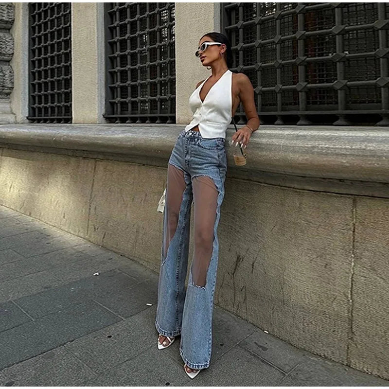 2025 Designer Women's Jeans Pant Blue Denim With Sheer Mesh Knee Panels Hip Hop Style Distressed High Waist Streetwear Trousers