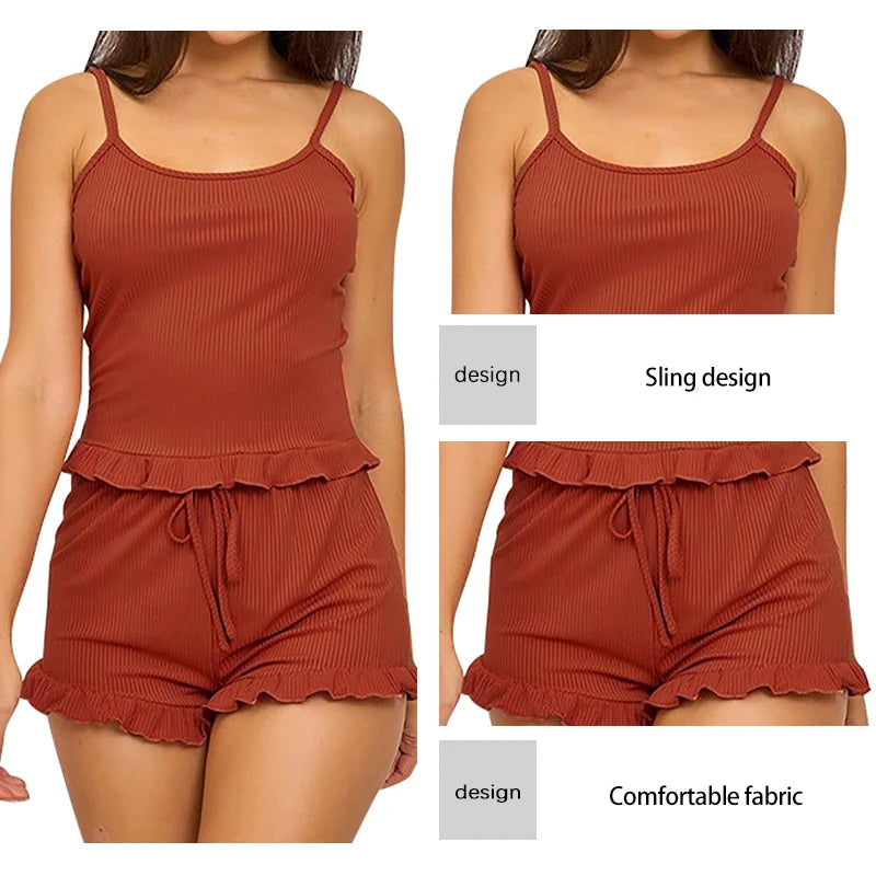 Two-Piece Solid Color Sleepwear Suspender Ribbed Knitted Pleated Vest Shorts Casual Women's Sleepwear Set