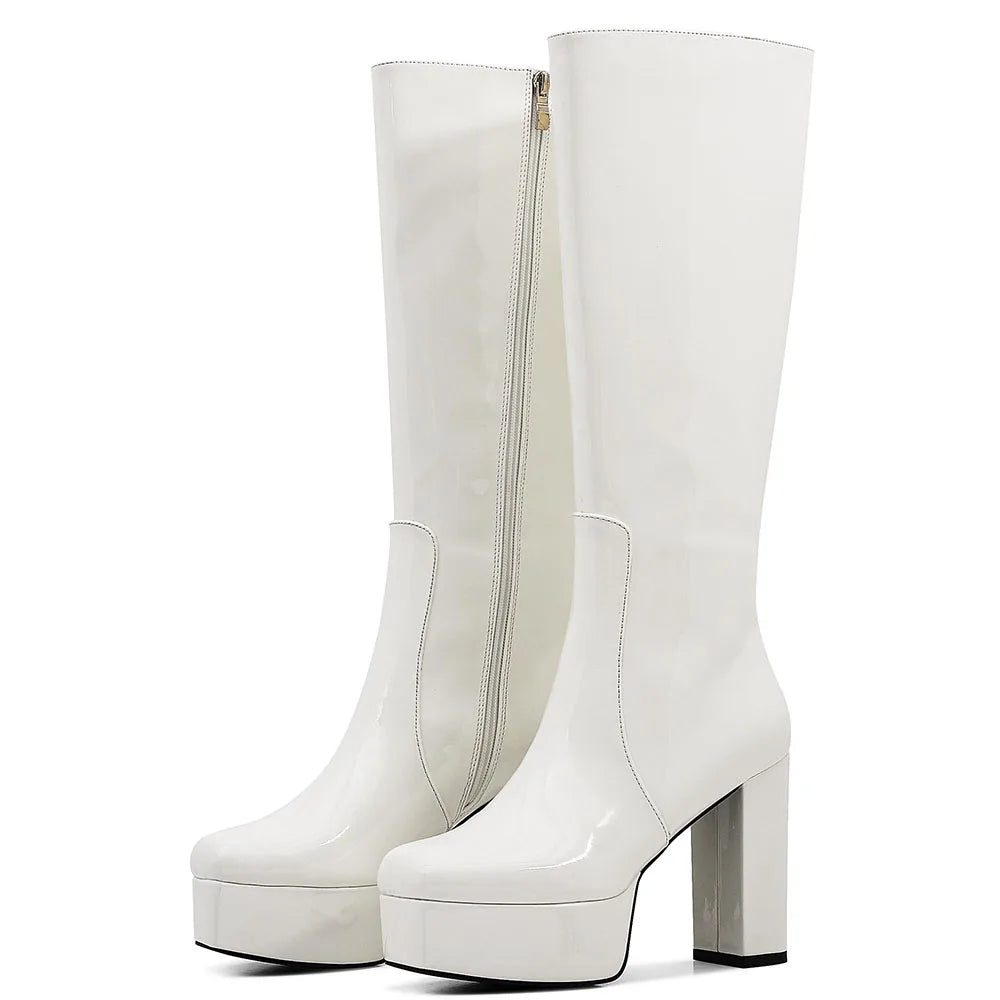 Chunky Heel Platform Women's Knee High Boots Comfortable Side Zipper WHITE / 10 / United States WHITE / 9 / United States