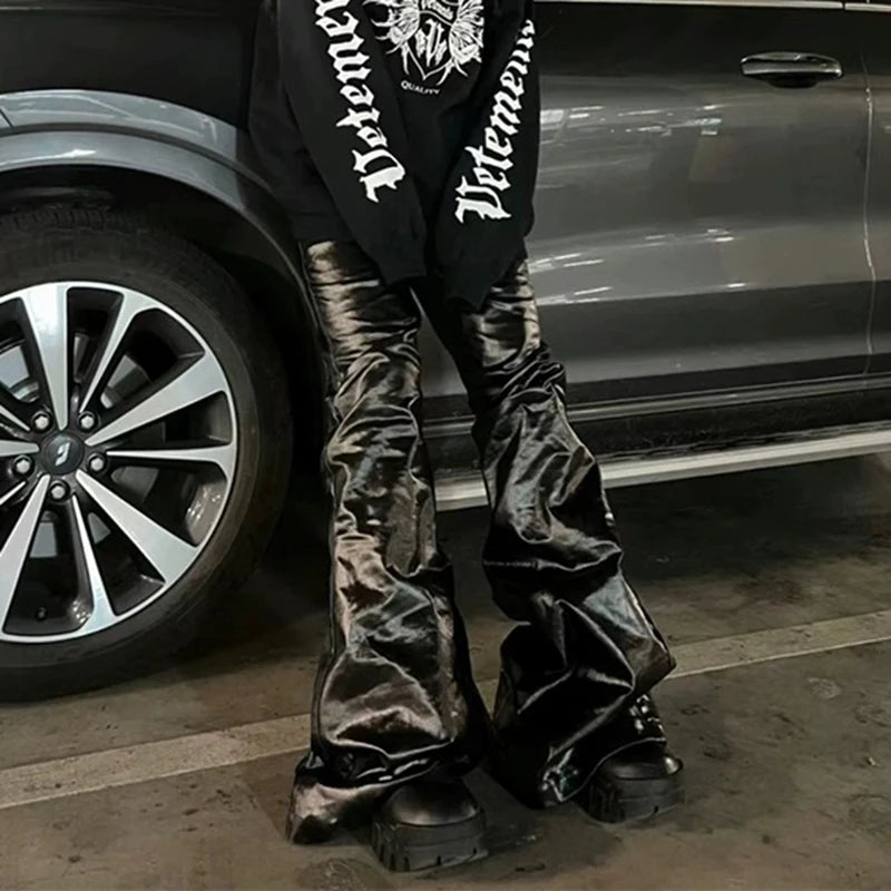 High Street Wide Leg Glossy Leather Pants Sashes Boot Cut Men and Women Straight Baggy Casual Jeans Oversized Flared Trousers