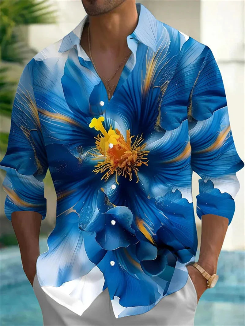 Flower pattern casual shirt men's long sleeved design oversized