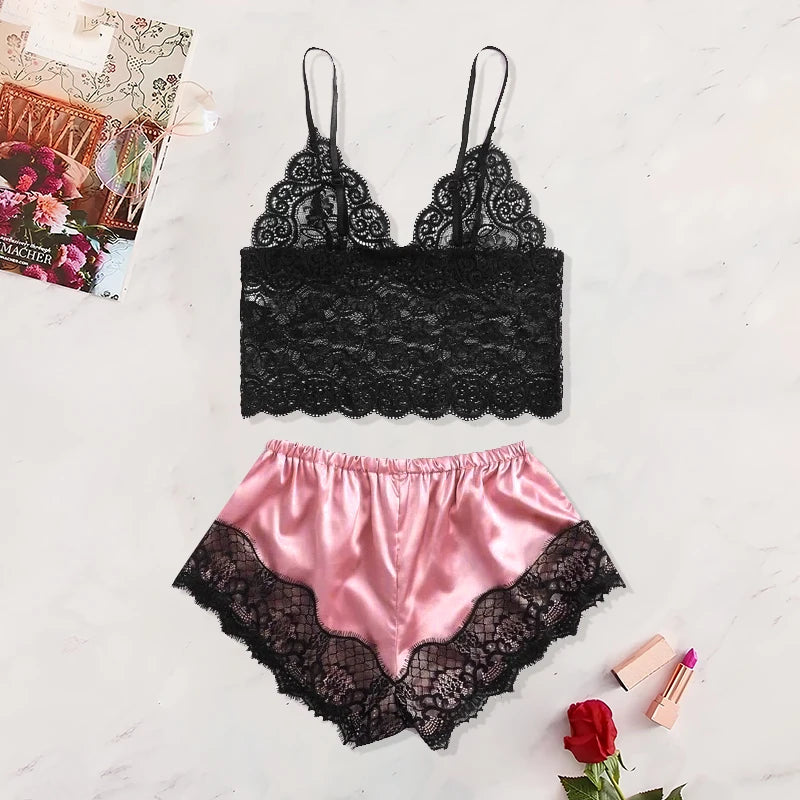 2 Pcs Women's New Sexy Lace See-Through Pajamas Black Pink Cute Clothes Comfortable Breathable Suspender Shorts Set