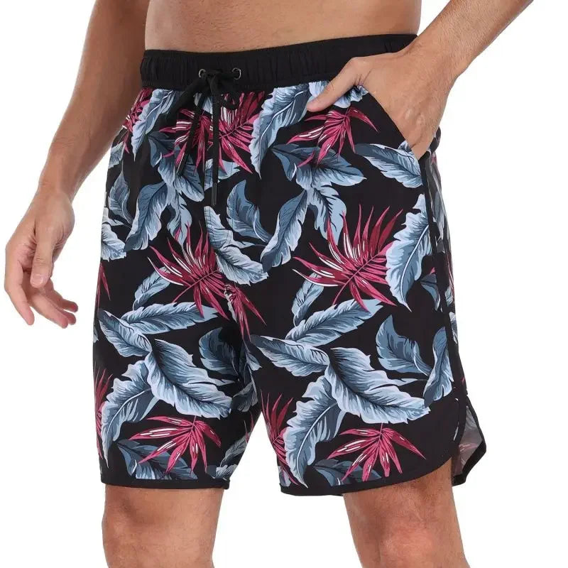 Men's Drawstring Printed Swimsuit Men Quick Dry Beach Trunks with Pockets and Lining