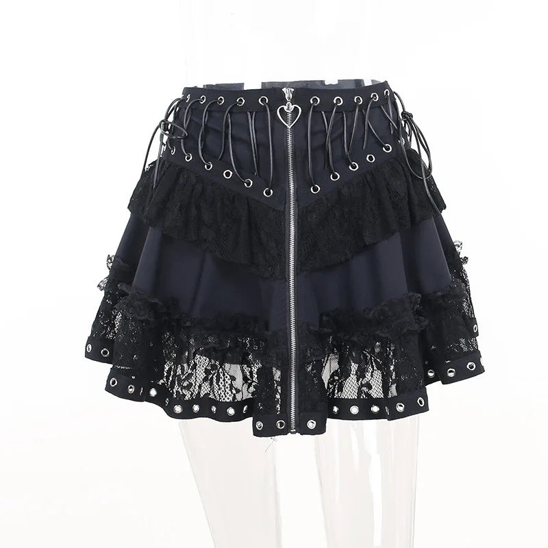 Women's Punk Vintage High Wasit Skirt Zipper Front Black Gothic Cosplay Mini Skirts