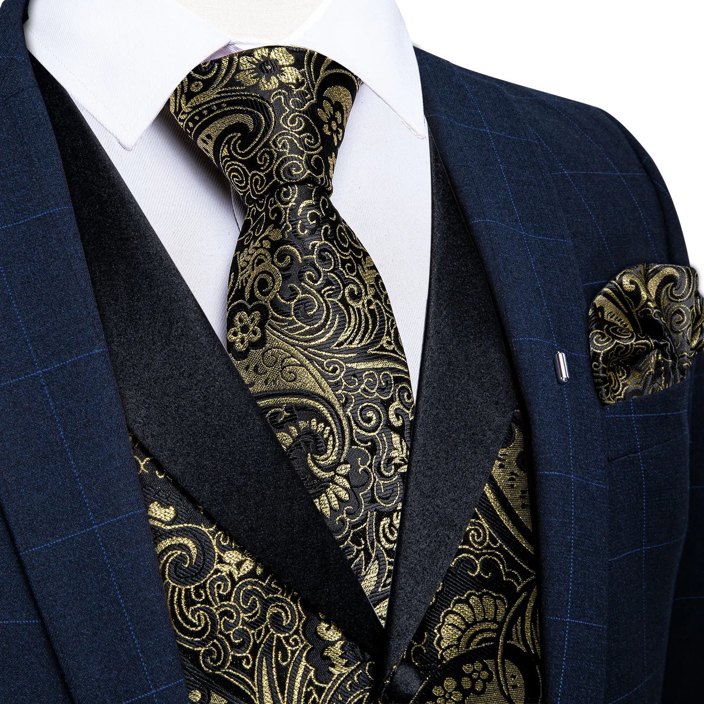 Men's Paisley Silk Suit Vest with Macthing Golden Paisley Neck Tie Handkerchief Cufflinks Wedding Prom Tuxedo Waistcoat
