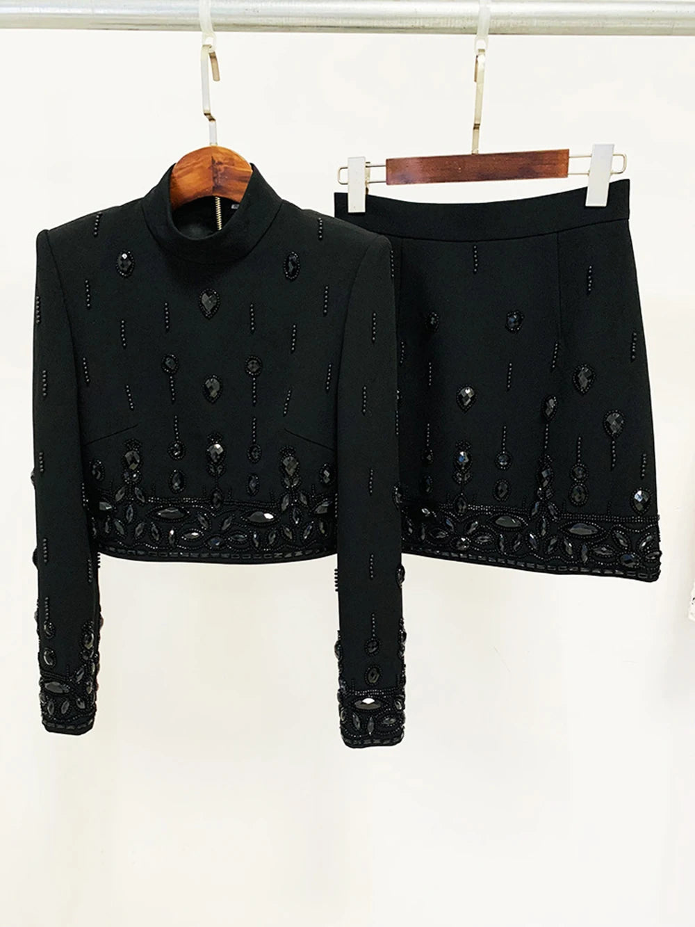 Long Sleeve Short Top and Mini Skirt Suit Outfit, Diamond Beaded Design,High Quality, 2 Pcs Set