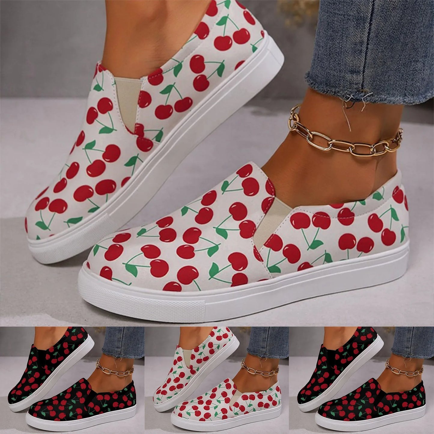 Ladies' Flat Casual Sports Shoes Cherry Printed Wide Width Close Fitting Black / 36 / United States White / 36 / United States
