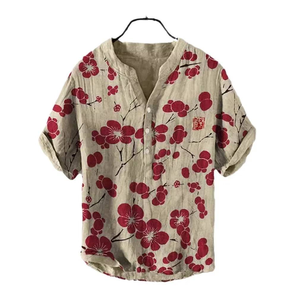 3D digital heat transfer animal landscape 3-button large size stand-up collar short-sleeved shirt
