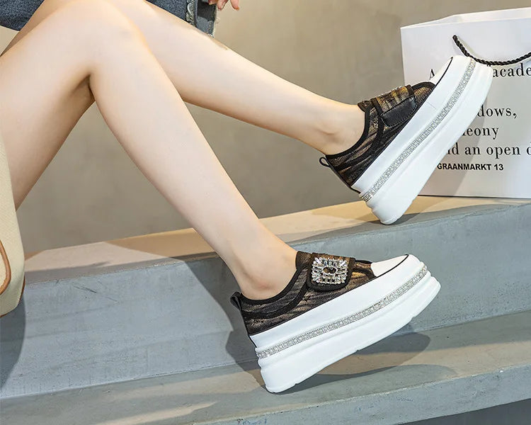 Denim Platform Wedge Genuine Leather Casual Comfy High Brand Chunky Sneakers Hidden Heels Shoes