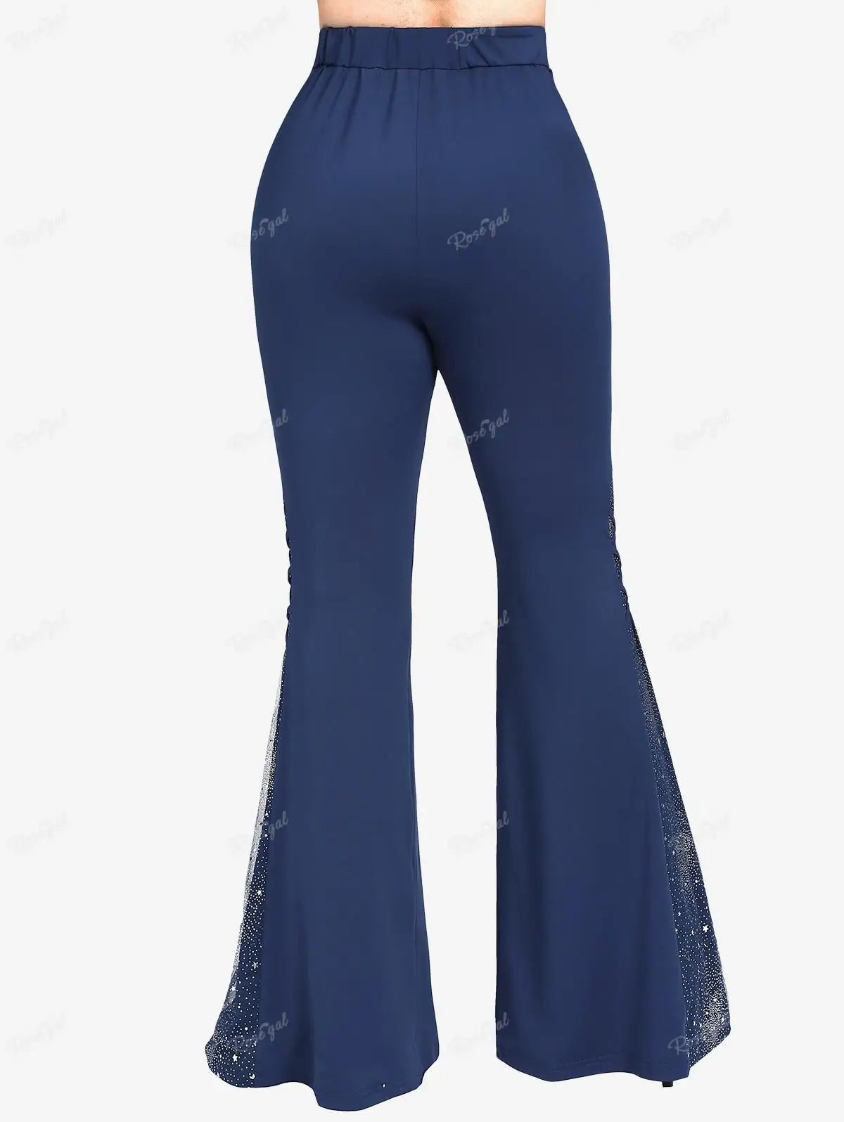 Gothic Lace Panel Lace-up Ruffle Flare Pants Elastic Waist Pull On Pant Colorblock Bell Bottom