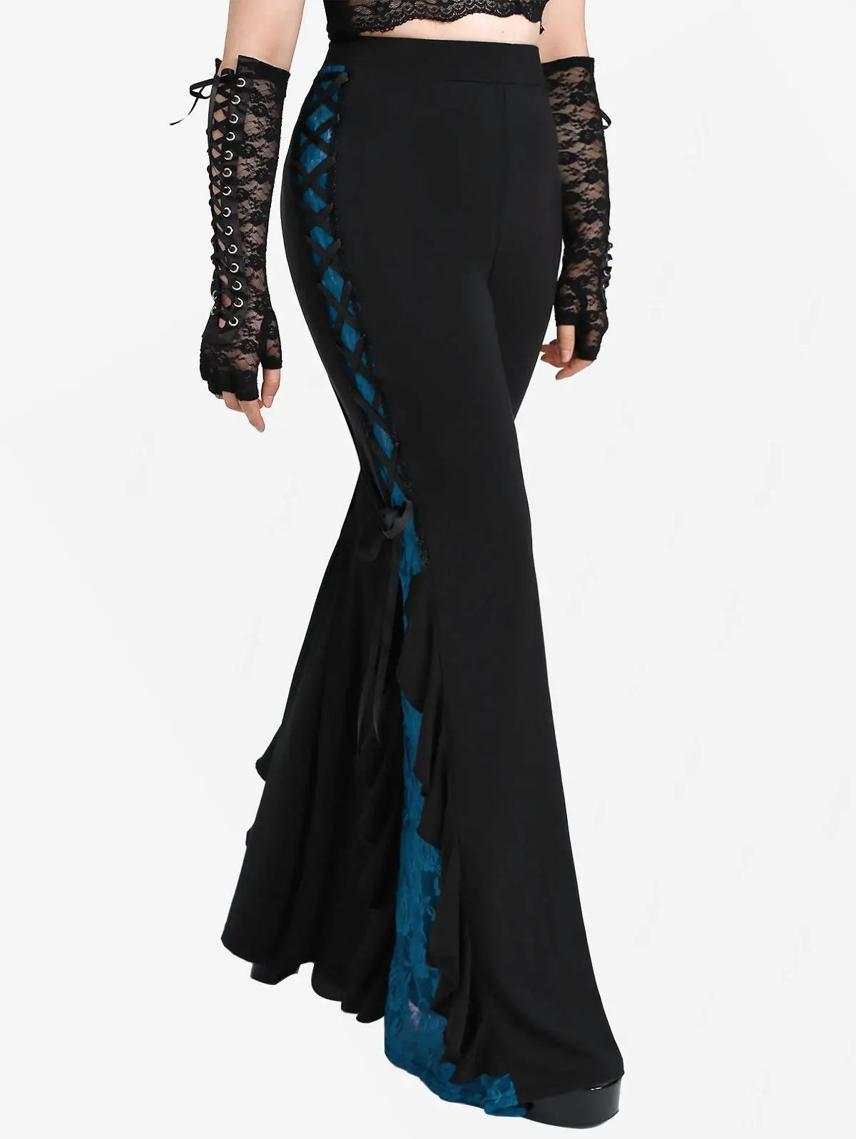 Gothic Lace Panel Lace-up Ruffle Flare Pants Elastic Waist Pull On Pant Colorblock Bell Bottom