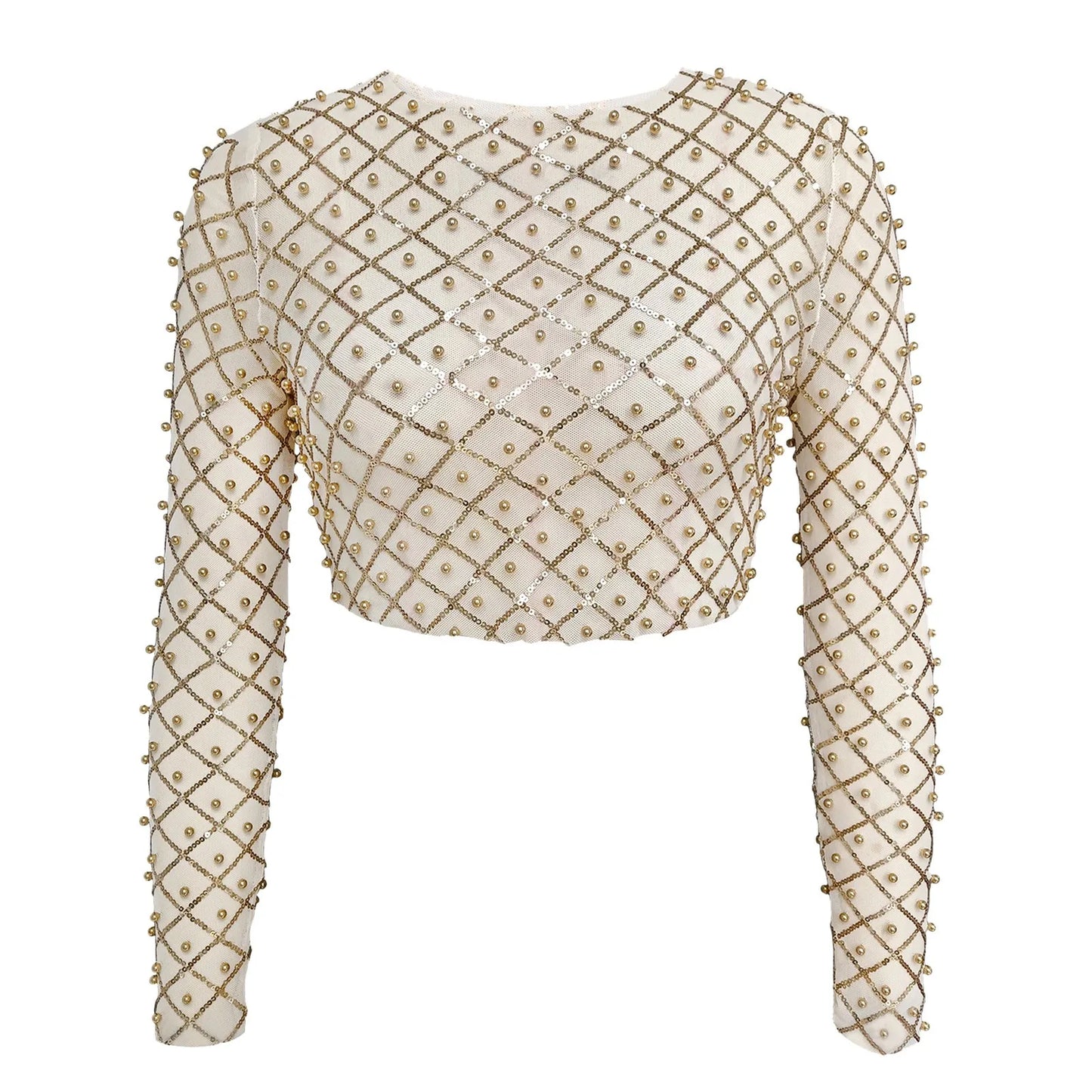 Long Sleeved Top T Shirt Mesh Pinned Bead Sequined Transparent Cover Up