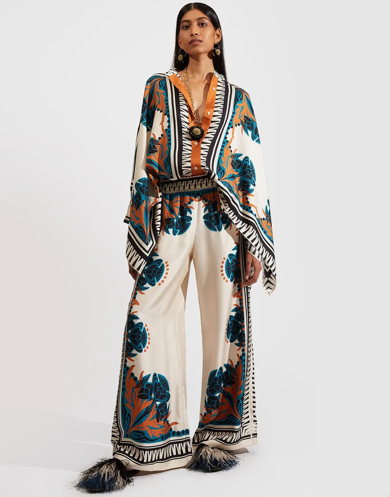 Vintage Print Pants Sets Women Irregular Loose Long Sleeve Shirt Wide Leg Trousers Two Piece Set Female Fashion Trend Streetwear