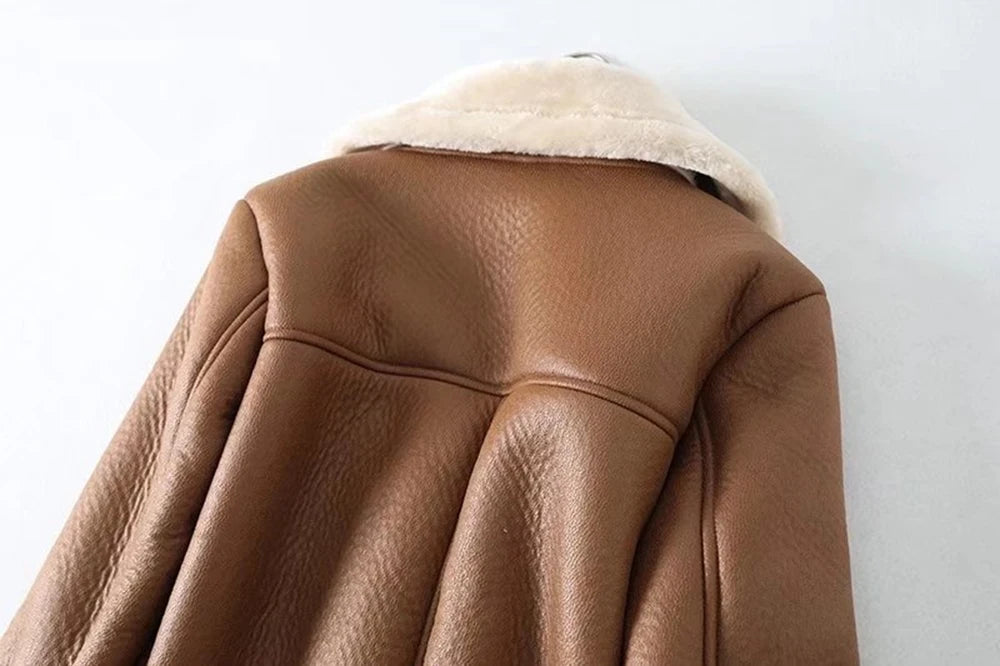 Thick and warm faux leather jacket Coat women's beige long-sleeved belt jacket women 2025 winter fashion new streetwear Tops