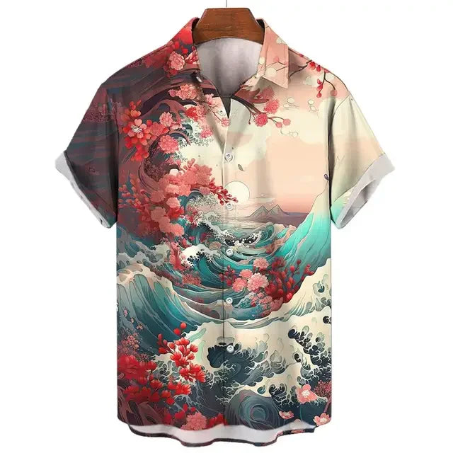 Short Sleeve Tops Japanese Style Ukiyoe Graphic Clothes Oversized Summer Apparel Streetweat Male Shirts