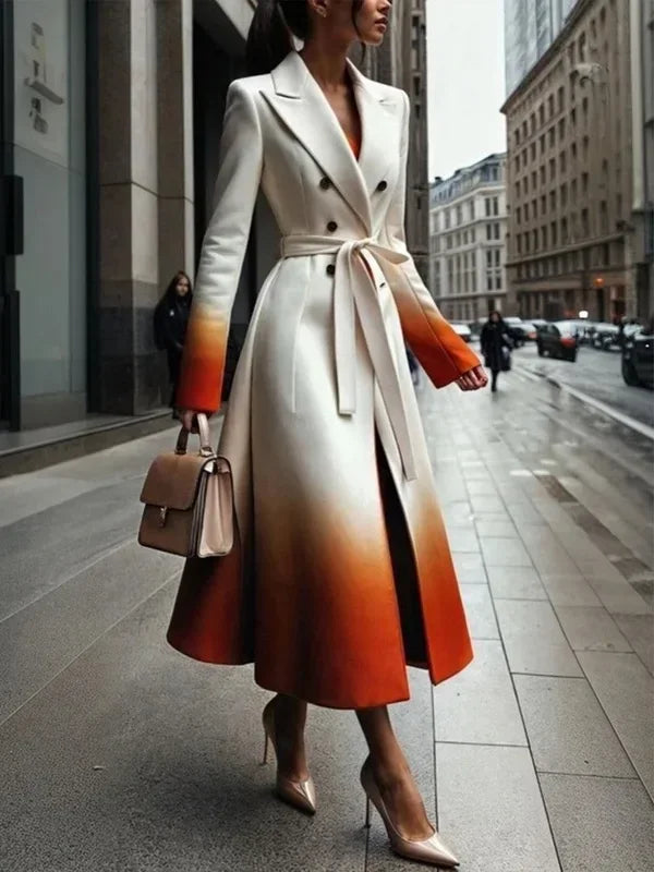 Warm Woolen Coats Long Sleeves Tied Waist Notched Collar Elegant Outerwear