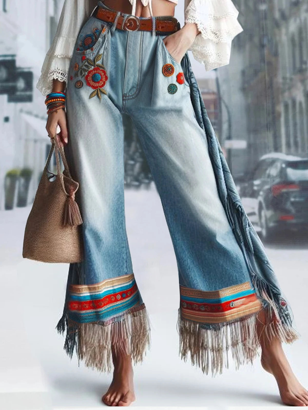 Women Tassel Jeans Pockets Floral Embroidery Patchwork Denim Straight Leg Jeans Ethnic Casual