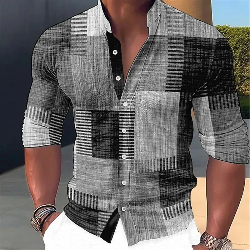 Men's Retro Stitching Shirt Gradient Stand Collar Outdoor Street Long Sleeve Casual