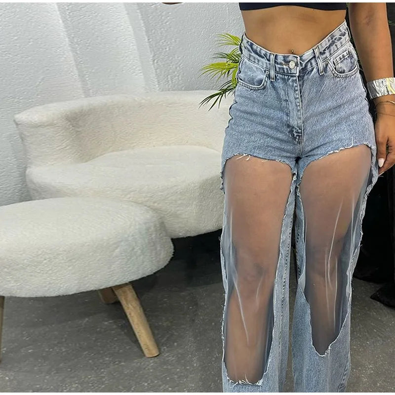2025 Designer Women's Jeans Pant Blue Denim With Sheer Mesh Knee Panels Hip Hop Style Distressed High Waist Streetwear Trousers