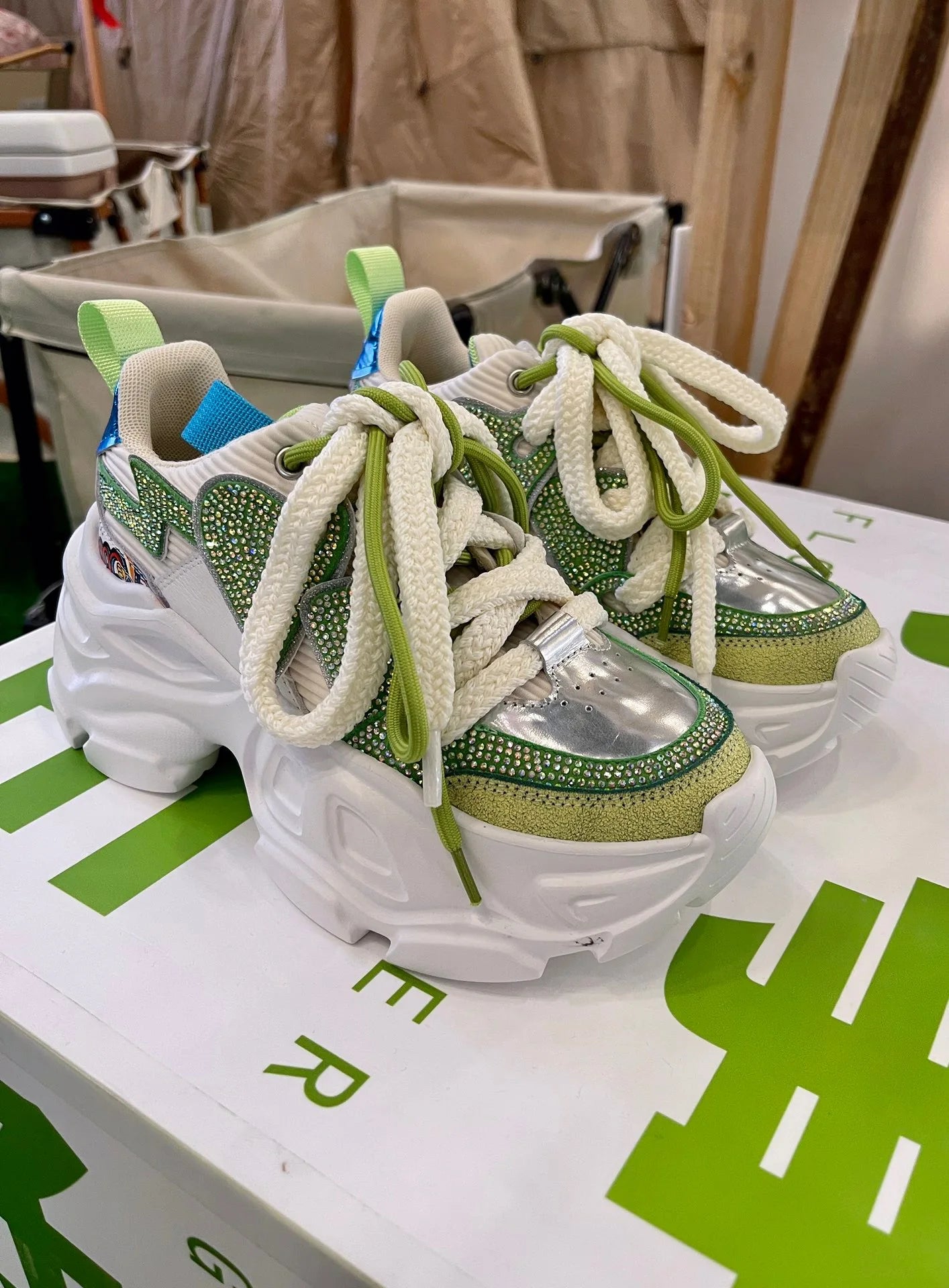 Women High Heels Platform Shoes Green Chunky Sneakers Real Leather Thick Sole Crystal