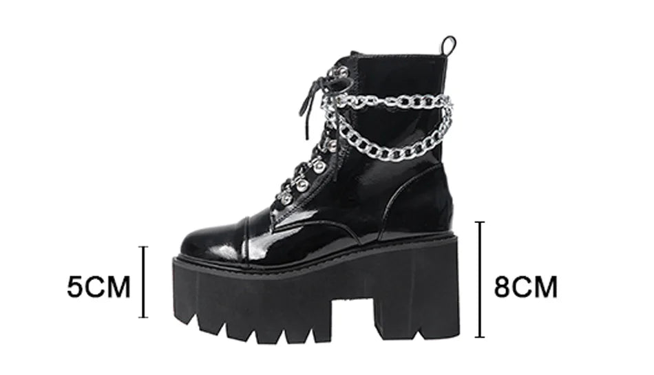 Gothic Black Boots for Women Chain Chunky Heel Platform Ankle Boots Zipper