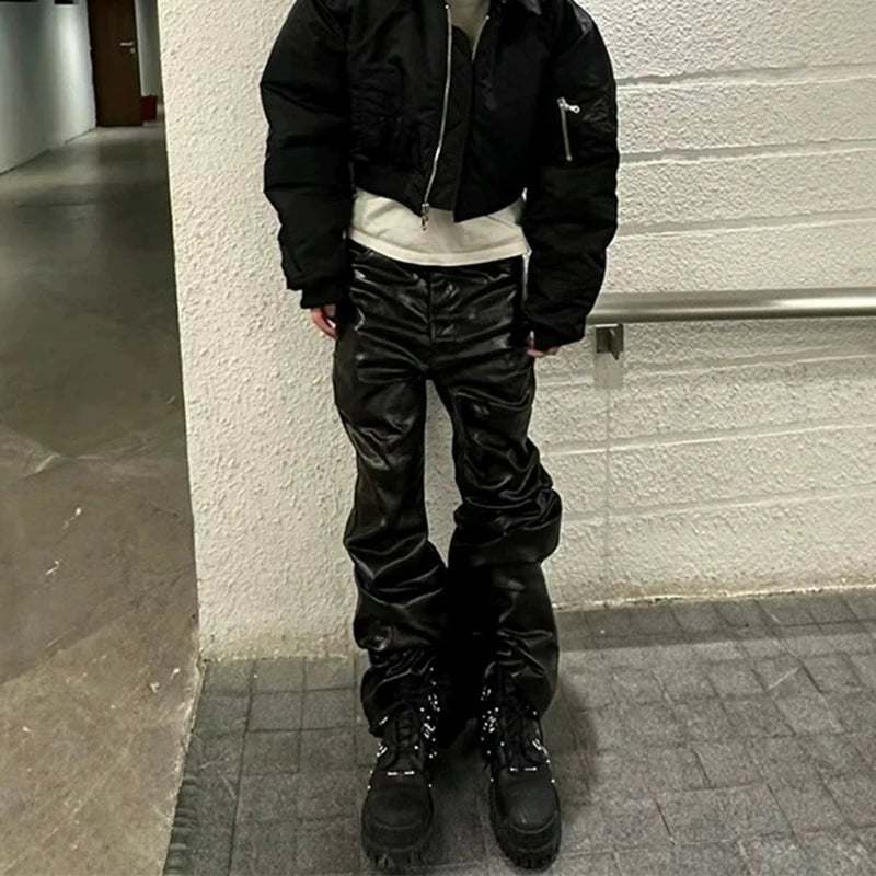 High Street Wide Leg Glossy Leather Pants Sashes Boot Cut Men and Women Straight Baggy Casual Jeans Oversized Flared Trousers