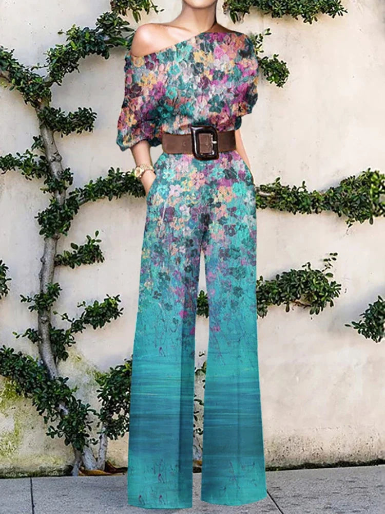 Elegant Pattern Print Party Jumpsuit Off Shoulder Wide Leg Pant Playsuit