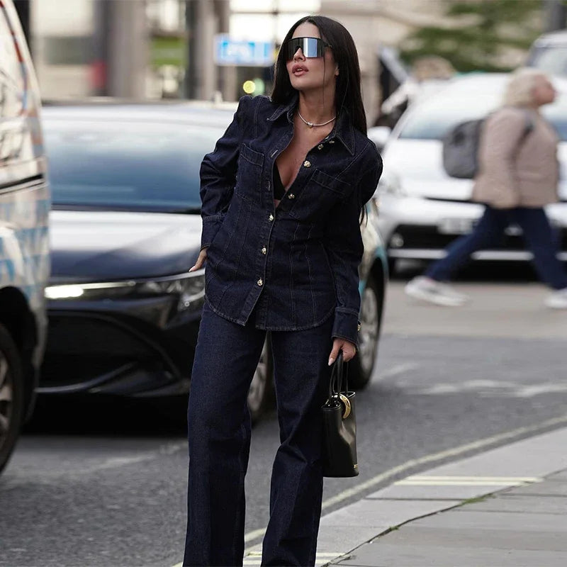 Street Denim Shirt Set Women Lapel Waist Up Long Sleeve Single Breasted Pocket Jacket Lady Jean Outfit set / M set / L pant / L set / M-set / L-pant / L-set / S-pant / S-pant / M-top / M-top / L-top / S-