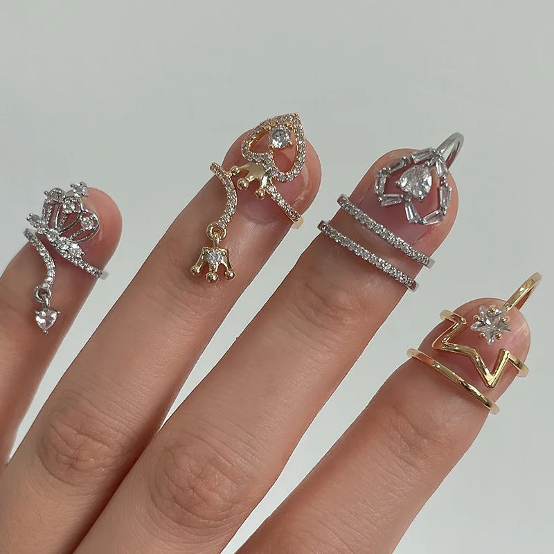 Dainty Crown Nail Rings for Women Full Zircon Fingernail Adjustable Tip Nail Cap Loop Ring