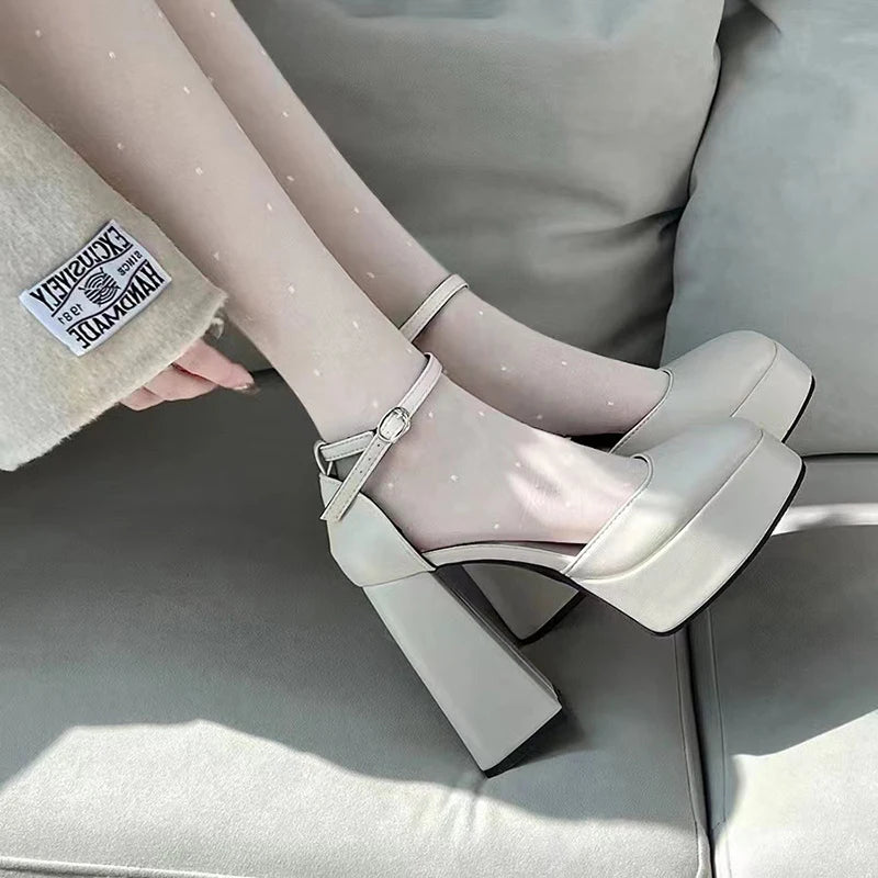 Super-high Heel Thick Heel Shoes Platform Sandal Elegant Round Toe White Heels BEIGE / 35 / United States BLACK / 40 / United States