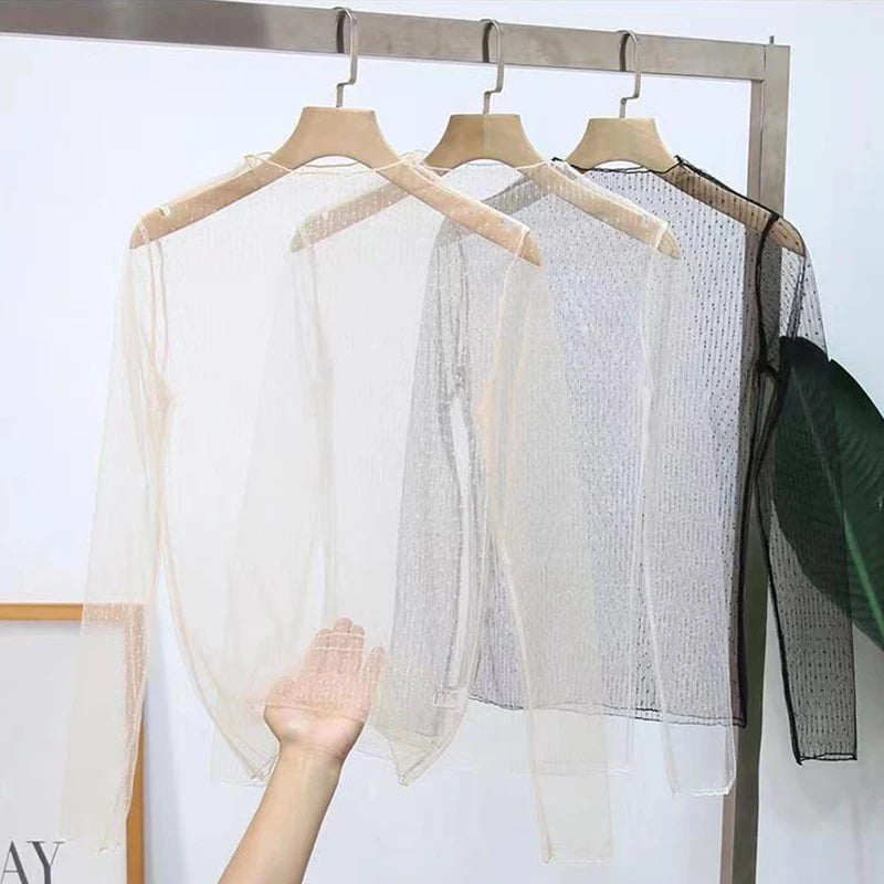 See Through Tops Women Transparent Long Sleeve Lace T-shirt Mesh See Through Tops Shirt Tees White Black Beige Pink