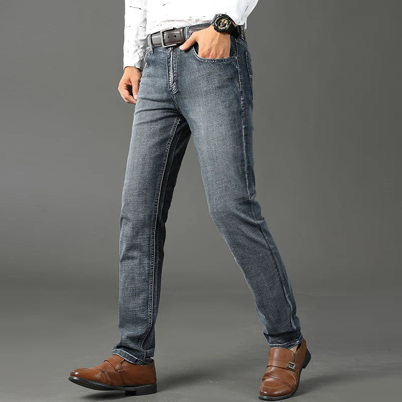 Men Classic Jeans Straight Regular Blue Stretch Denim Trousers Men's