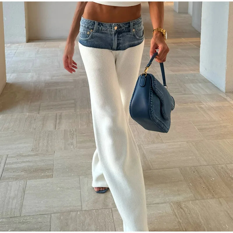 Designer White Knit Denim Suits Set Women's Patchwork Elegant Sleeveless Tops Matching Wide Leg Baggy Pants