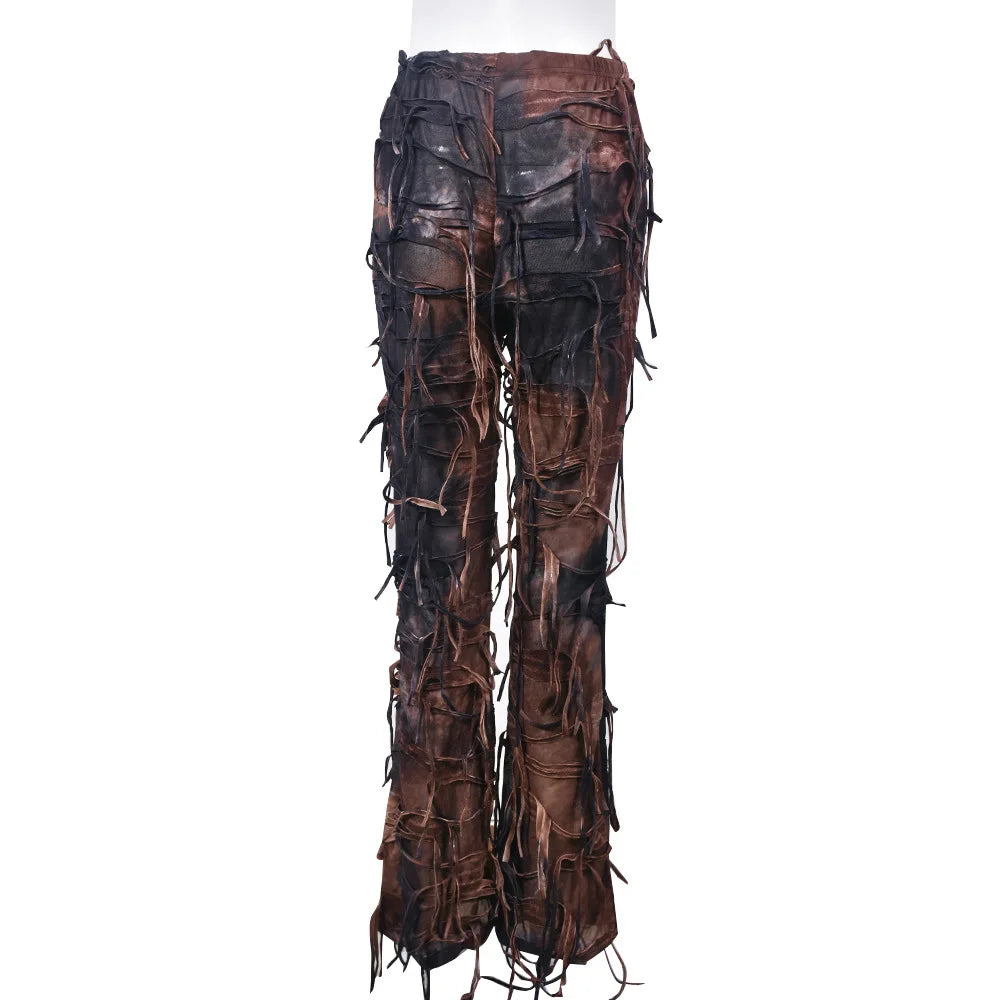 Tie Dye Printed High Waist Drawstring Tassel Flare Pants Stretch Legging Wide Leg