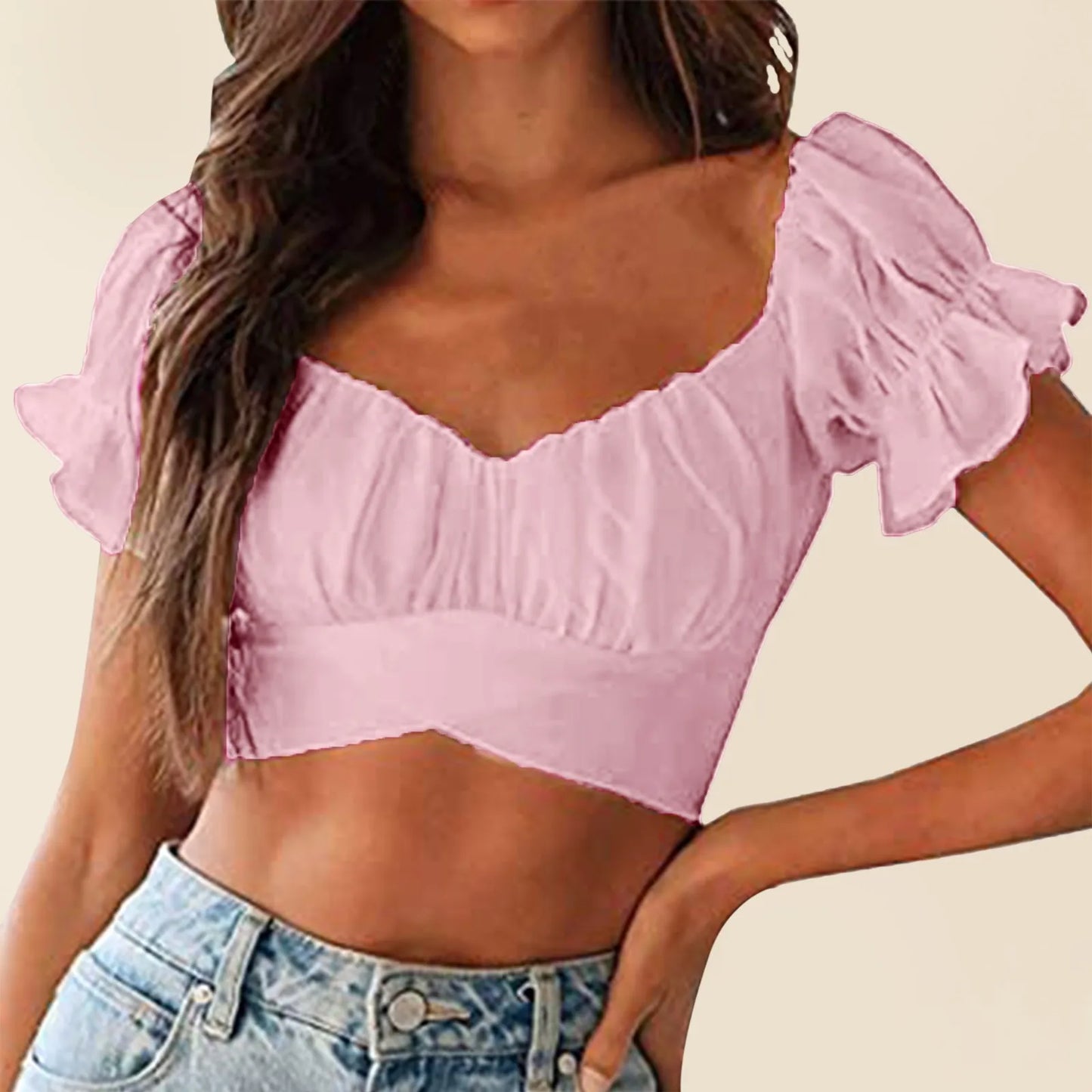 Deep V Neck Cropped Top Ruffled Short Sleeve Backless Tight Tank Top Watermelon Red / XL / United States Watermelon Red / S / United States