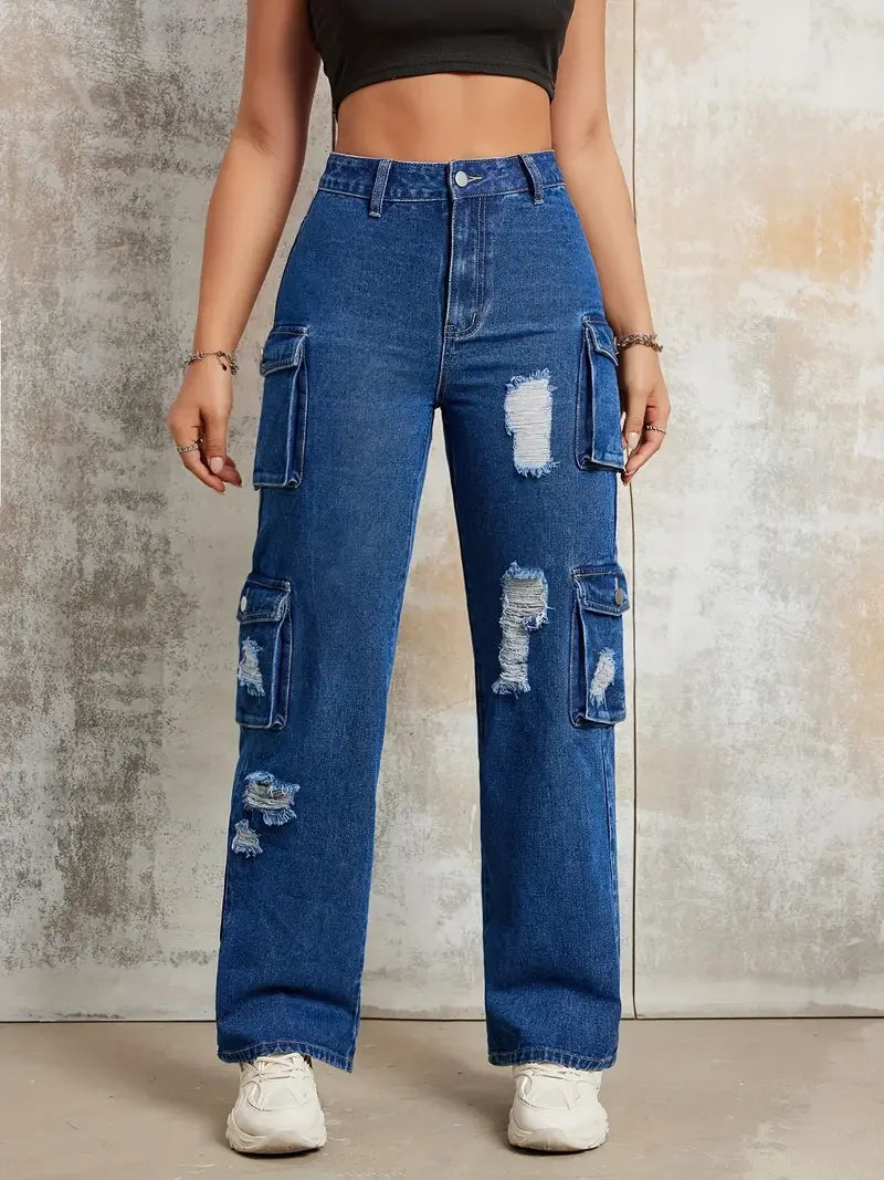 American Retro Punk Style Jeans New Versatile No Waist Pocket Work Style Fashion Denim Wide-leg Pants Female Baggy Jeans Pants