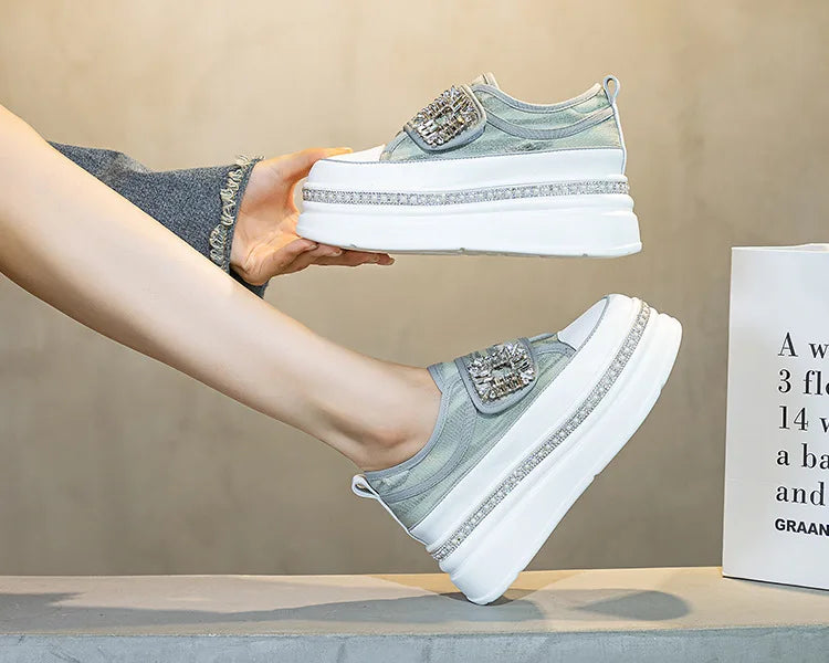 Denim Platform Wedge Genuine Leather Casual Comfy High Brand Chunky Sneakers Hidden Heels Shoes